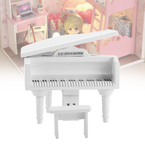 Mini Wooden Grand Piano w/ Stool White 1:12 1