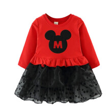 Kids Lace Dress Long Sleeve Cartoon Pattern (Red 100)