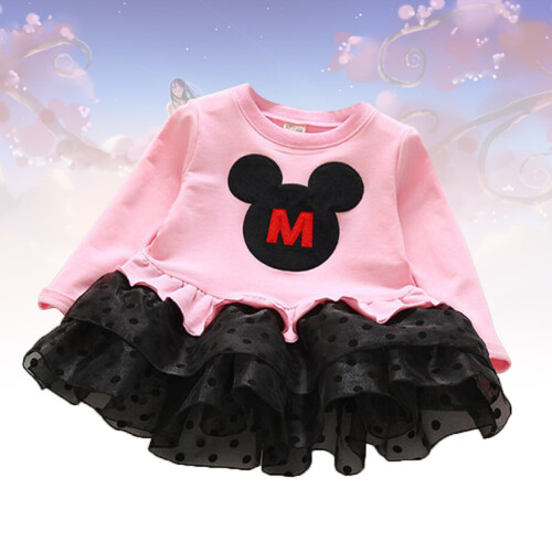Modisches Cartoon-Spitzenkleid Langarm Mädchen (Pink 90) 1