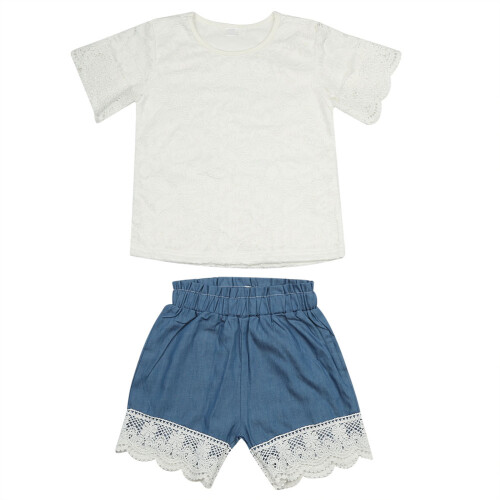 Baby Mädchen Spitzenoberteil Jeansshorts Set Sommer