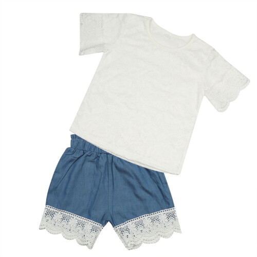 Baby Mädchen Spitzenoberteil Jeansshorts Set Sommer 2