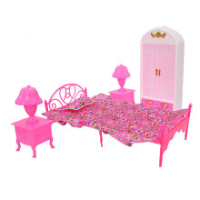 4-tlg. Puppenhaus-Bettenmöbel: Bett, Tisch, Lampe, Schrank