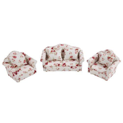 1/12 Mini-Sofa-Set Blumenmuster mit Kissen (#1)