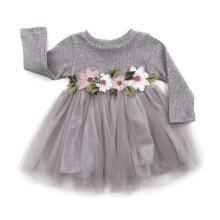 Mädchen Kleid Langarm Tüll Spitze Party Grau 100cm