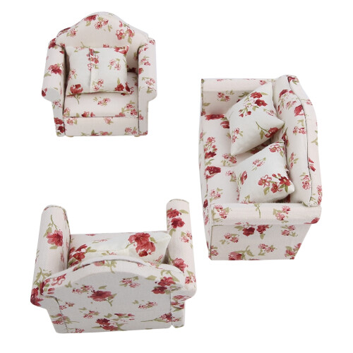 1/12 Mini-Sofa-Set Blumenmuster mit Kissen (#1) 2