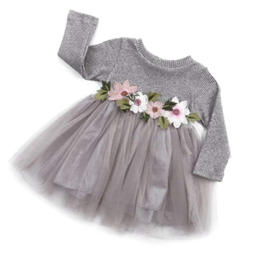 Mädchen Kleid Langarm Tüll Spitze Party Grau 100cm 2
