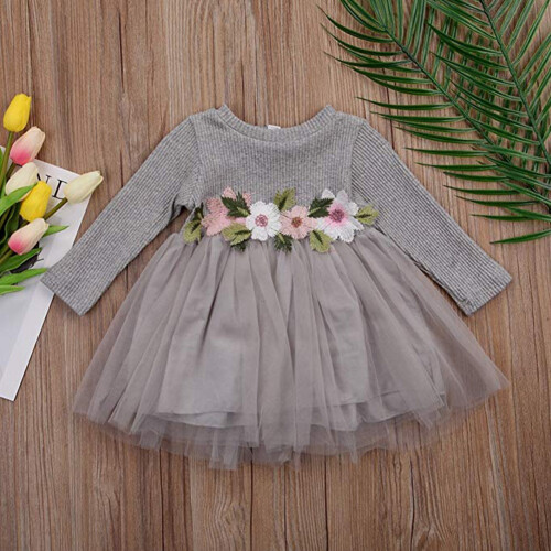 Mädchen Kleid Langarm Tüll Spitze Party Grau 100cm 1