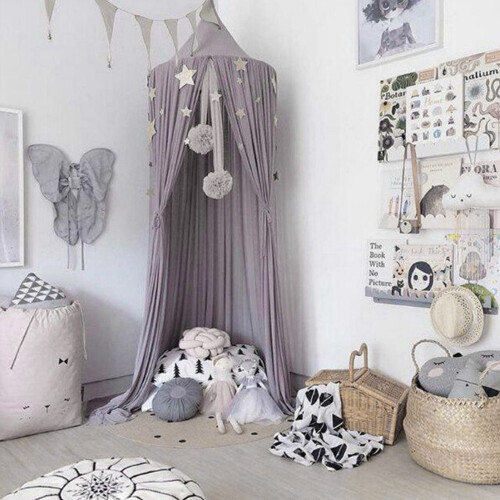 Babybett Moskitonetz mit Blumenkugel Deko Grau 1