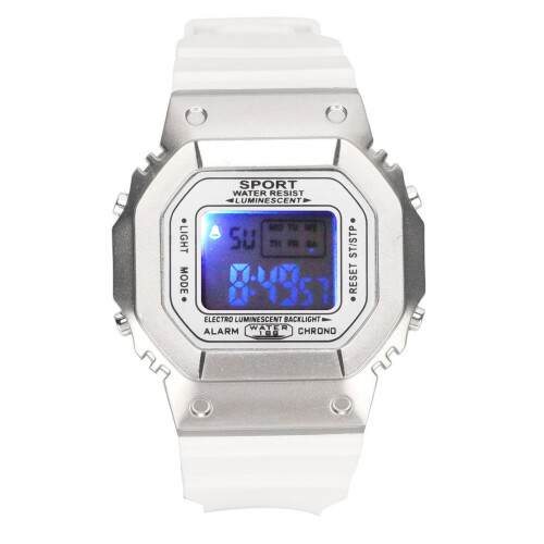 (White Silver) Digital Sports Watch Waterproof Light Black Silver