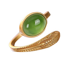 (Feather Adjustable Ring) Feather Ring Gold Plated Green Stone Adjustable Spiral Knuckle Ring
