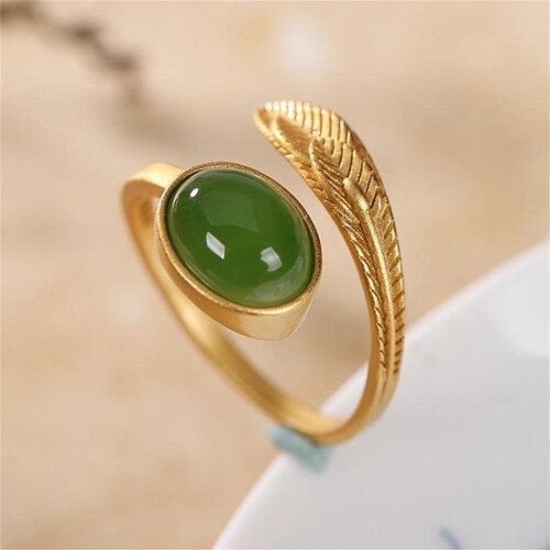 (Feather Adjustable Ring) Feather Ring Gold Plated Green Stone Adjustable Spiral Knuckle Ring 2