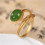 (Feather Adjustable Ring) Feather Ring Gold Plated Green Stone Adjustable Spiral Knuckle Ring 5