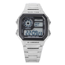(Silver) Waterproof Alloy Digital Chronograph Stopwatch Luminous Sports Watch