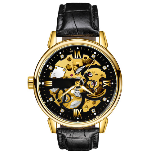Men Watch Automatic Skeleton Leather Band Luminous 3ATM Black