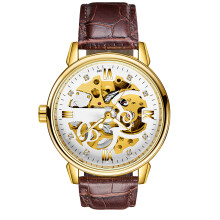 Men Watch Automatic Skeleton Diamond Leather Band Luminous 3ATM