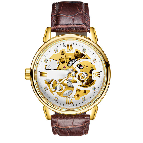 Men Watch Automatic Skeleton Diamond Leather Band Luminous 3ATM