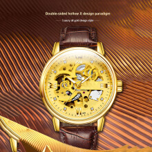 Men Watches Automatic Skeleton Genuine Leather Band Luminous 3ATM Gold