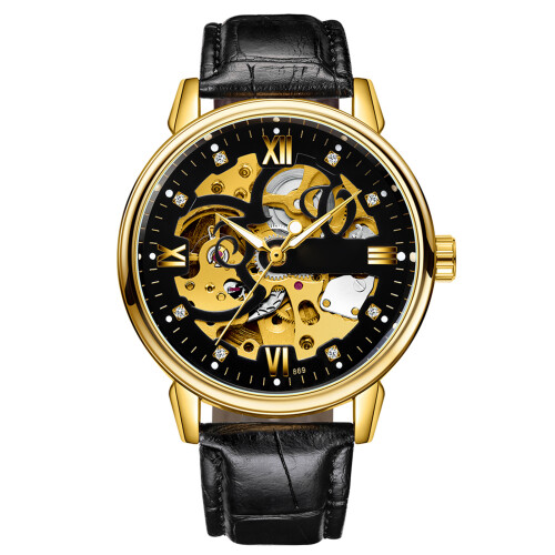 Men Watch Automatic Skeleton Leather Band Luminous 3ATM Black 1
