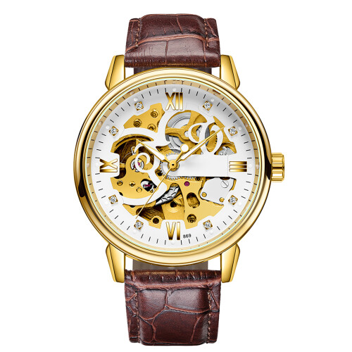 Men Watch Automatic Skeleton Diamond Leather Band Luminous 3ATM 1