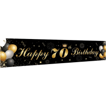 Happy 70th Birthday Party Banner - Large Black and Gold Hanging Decoration for Jubilee Celebrations 180x40cm
