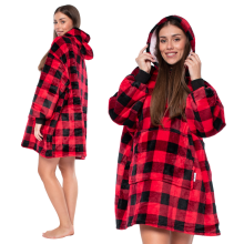 Oversized Wearable Blanket Hoodie - Warm Sherpa Lined Fleece Sweatshirt with Hood & Pocket for Adults, Red & Black Plaid