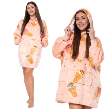 Oversized Blanket Hoodie - Warm Sherpa Fleece Lined Wearable Blanket with Hood & Pocket for Adults and Teens, Pink Ice Cream Print