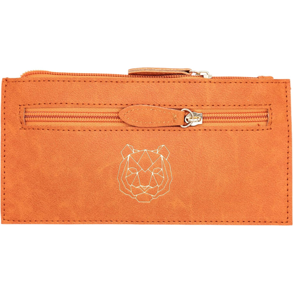 Elegant Faux Leather Pencil Case - Brown Double Zipper Pen Pouch with Gold Animal Emblem for Adults Stationery Organiser Gift Boxed-image-OPC-PMMX552-NEW