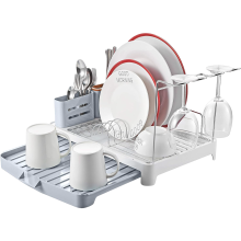 Égouttoir à vaisselle pliable avec porte-couverts et support à verres gris