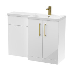Balterley Gloss White Bathroom Vanity Unit with Basin & WC, Brushed Brass Handles, Right Hand, 1100mm x 390mm