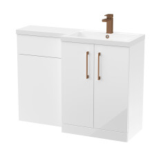 Balterley Gloss White Bathroom Vanity Unit with Basin & WC, Brushed Bronze Handles, Right Hand, 1100mm x 390mm