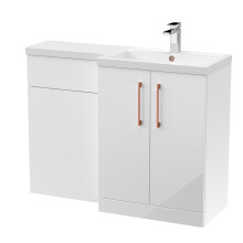 Balterley Gloss White Bathroom Vanity Unit with Basin & WC, Copper Handles, Right Hand, 1100mm x 390mm