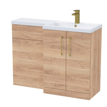 Balterley Light Oak Bathroom Vanity Unit with Basin & WC, Brushed Brass Handles, Right Hand, 1100mm x 390mm