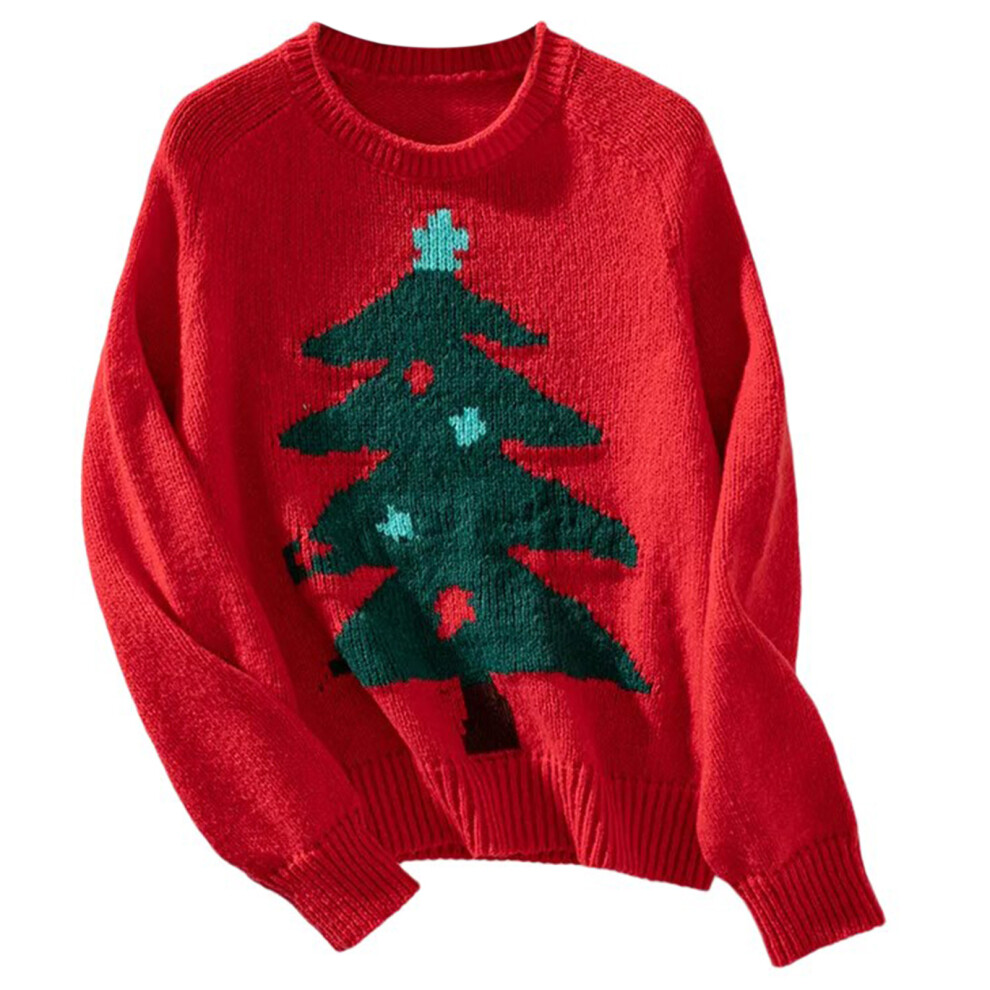 Red Elegant Round Neck Ladies Sweater With Christmas Tree- S