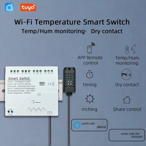 Tuya WiFi DC 7-32V Έξυπνος διακόπτης 4 καναλιών Αισθητήρας θερμοκρασίας και υγρασίας 2