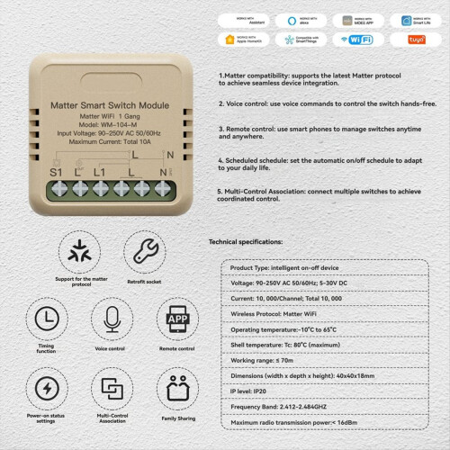 Tuya WiFi Matter Smart Switch Modul Mini Relay Timer Stemmekontroll App 2