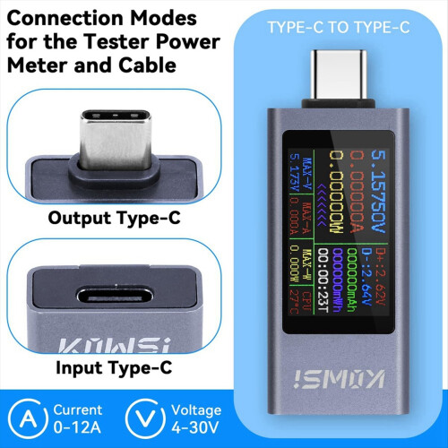 Μετρητής ισχύος USB C Tester, ψηφιακό πολύμετρο με μεγάλη έγχρωμη οθόνη, V 2