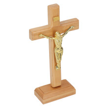 Gefertigtes hellbraunes Buchenholz-Metall-Kreuz – Tischständiges Kreuz für Zuhause & Büro
