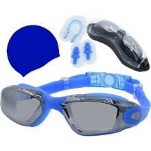 HD-Antibeschlag-Galvanik-Schwimmbrillen-Set für Erwachsene, wasserdichte Silikon-Badekappe, vierteiliges Set (blau, 4-teilig)