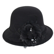 Woman Flower Decors Derby Hat Colorful Felt Bucket Hat-Black