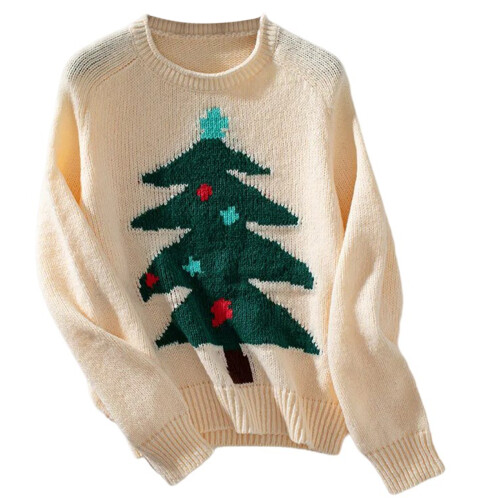 Pull élégant à col rond avec motif d'arbre de noël-abricot S