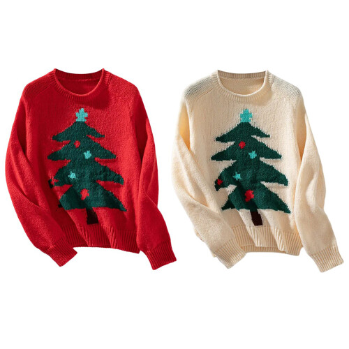 Pull élégant à col rond avec motif d'arbre de noël-abricot S 2