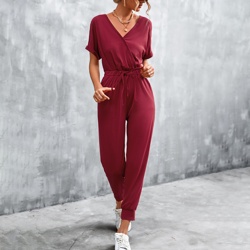 Women V Neck Short Sleeve Jumpsuit with Pockets Wine Red XXL-image-OPC-PMN8SWR-NEW