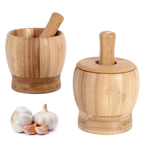 Bamboe Knoflookpers Pot Met , Mortier En Stamper Set