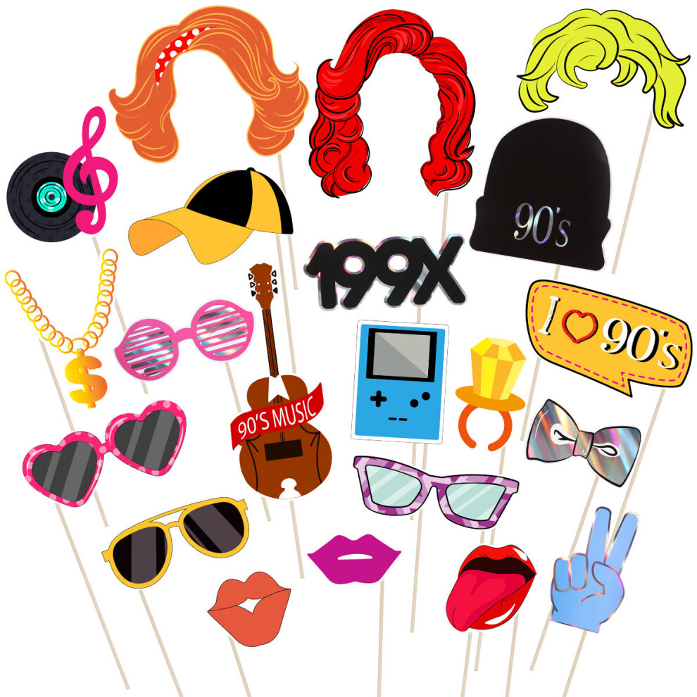 21Pcs Funny 90S Party Photo Booth Props With Wooden Sticks 3403920184695
