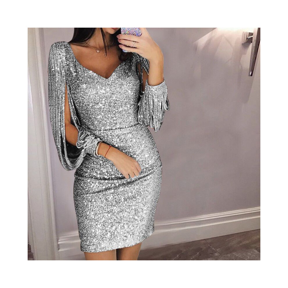 (Silver, M) Sequins Elegant Ladies Sexy Vneck Mini Casual Cocktail Party Slim Stylish Dress-image-OPC-PMN9MPQ-NEW