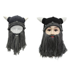 2x Funny Beard Knitted Hat with Horns Parent-Child Beard-M Gray