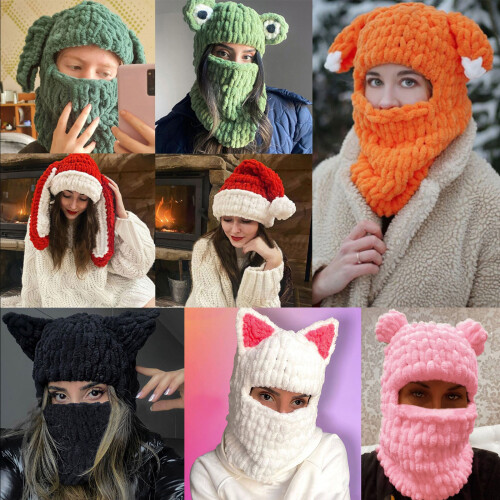 Warm Winter Cap Knitted Woolen Hat Breathable-red rabbit ears 1