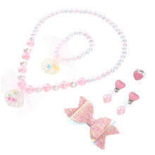 6Stk Weißes Kinder Schmuckset Kunststoff Halskette Armband Ring