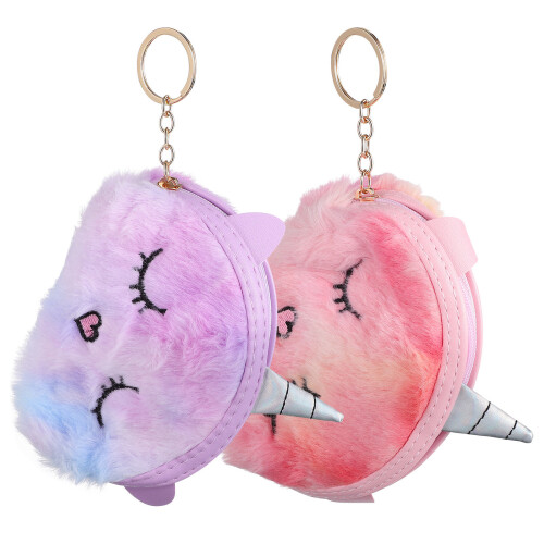 2Pcs Soft Plush Unicorn Wallets Cute Coin Purses Keychain Charm