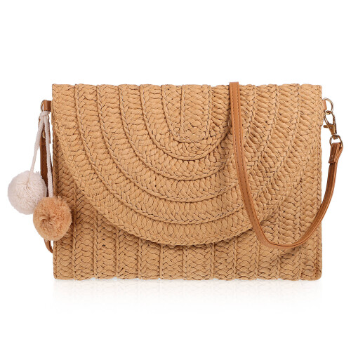 Bolsa De Palha Envelope Transversal Com Bolas Para Mulher Praia